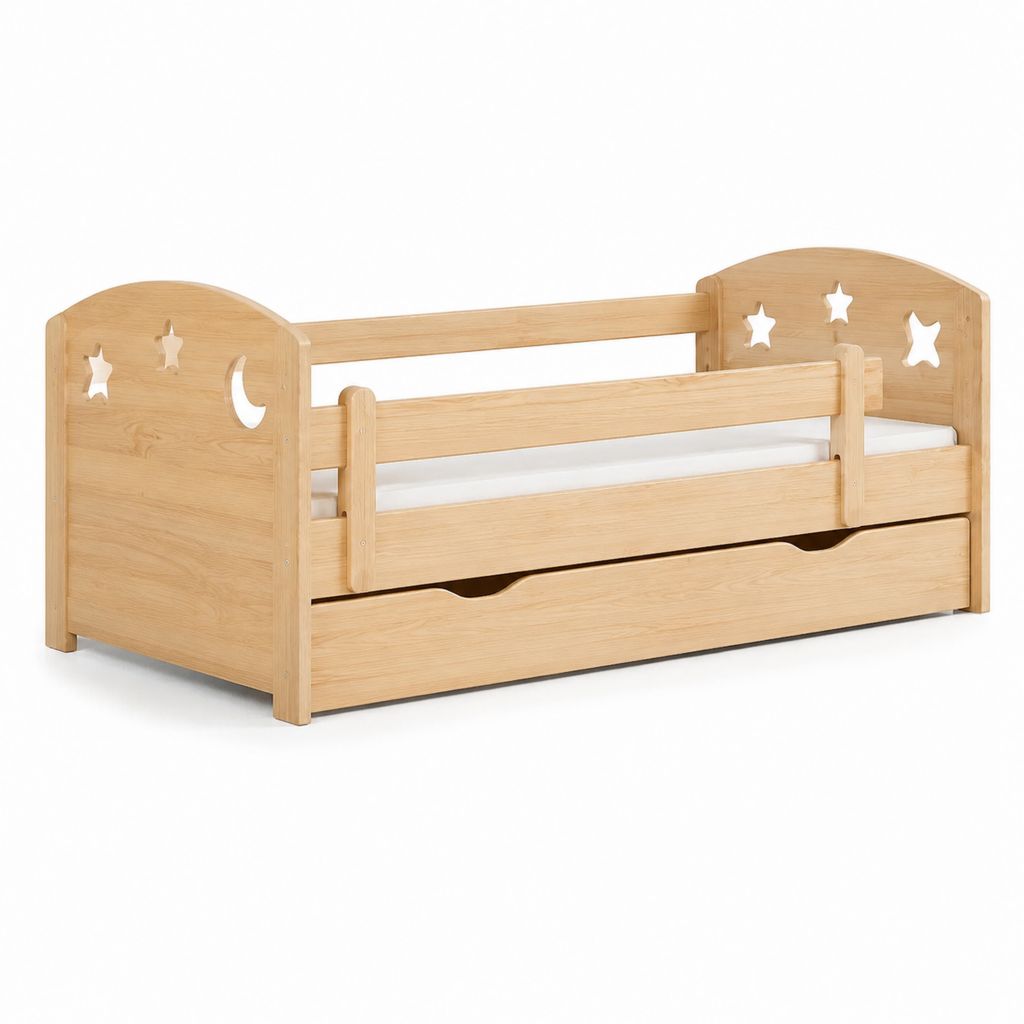 Letto per bambini con sponda e cassetto naturale in legno massello di pino 140 x 70 cm