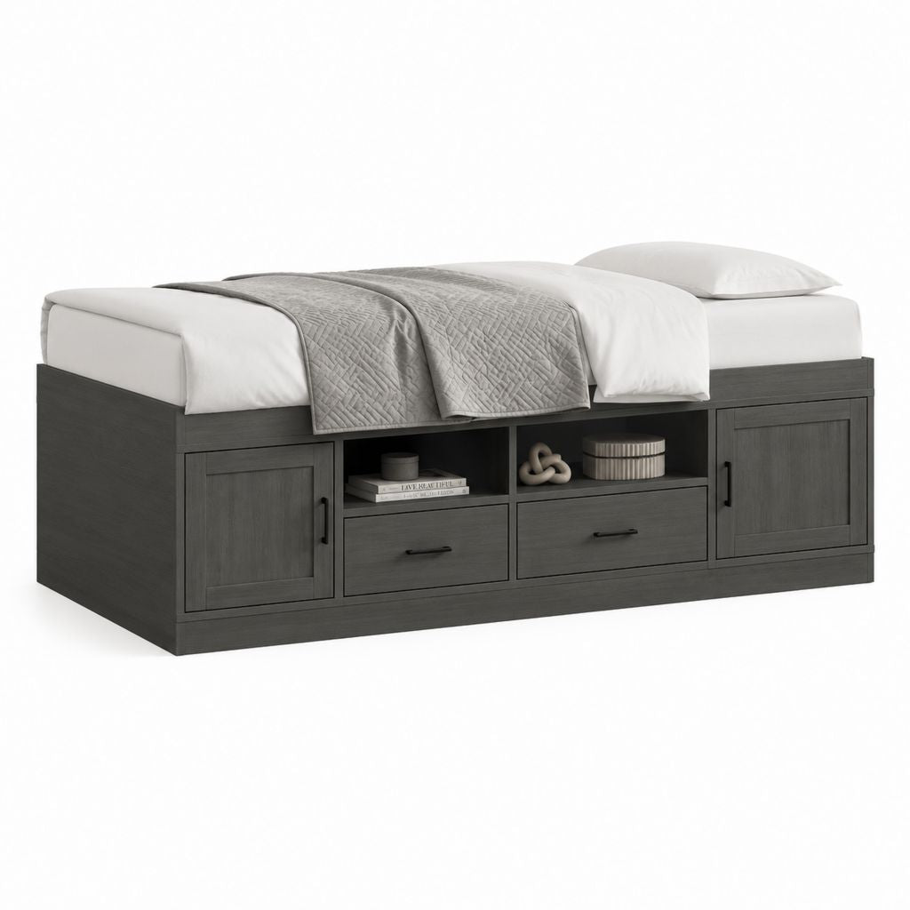 Letto singolo con contenitore grigio scuro in pannelli truciolari 90 x 190 cm