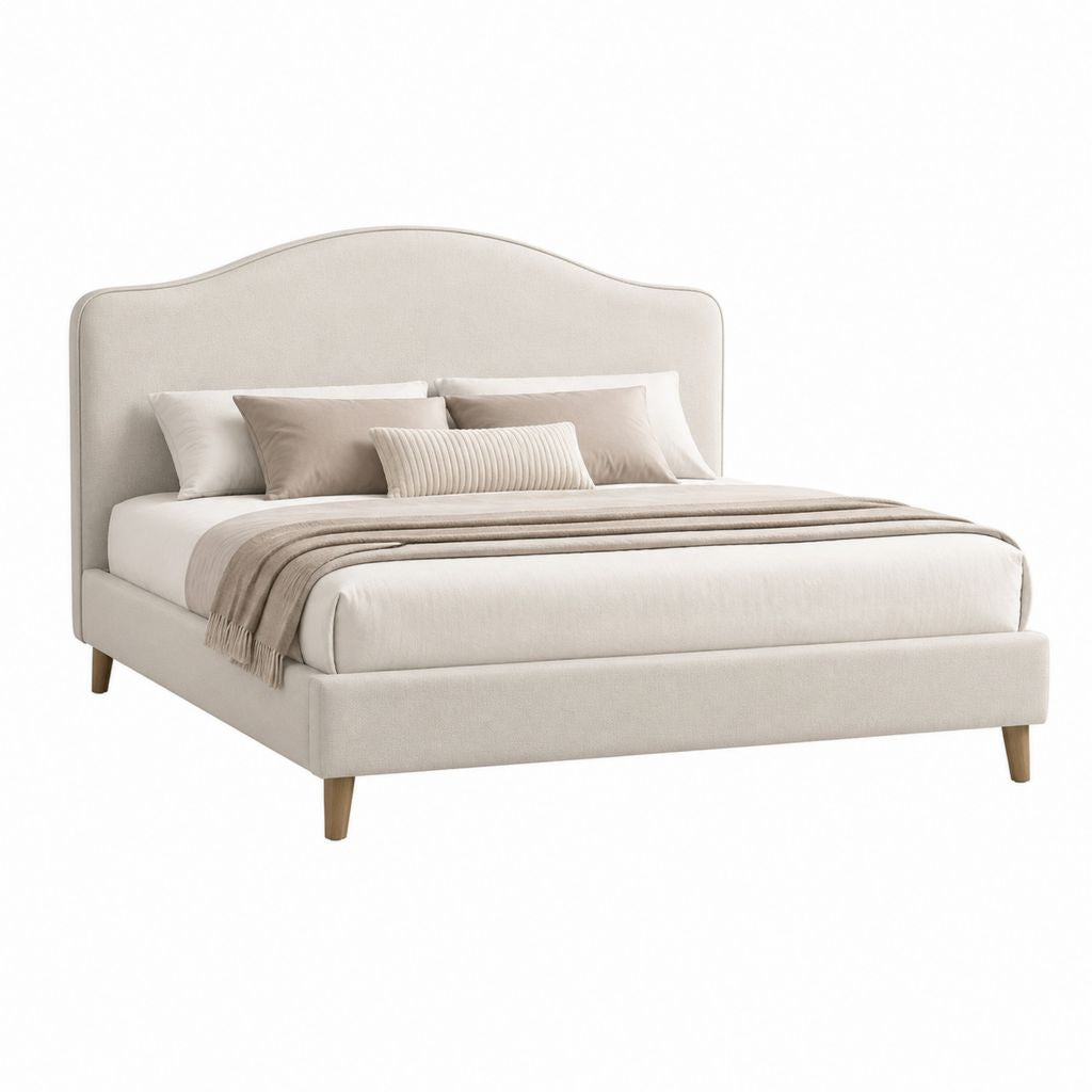 Letto matrimoniale imbottito beige in poliestere con testiera sagomata 160 x 200 cm
