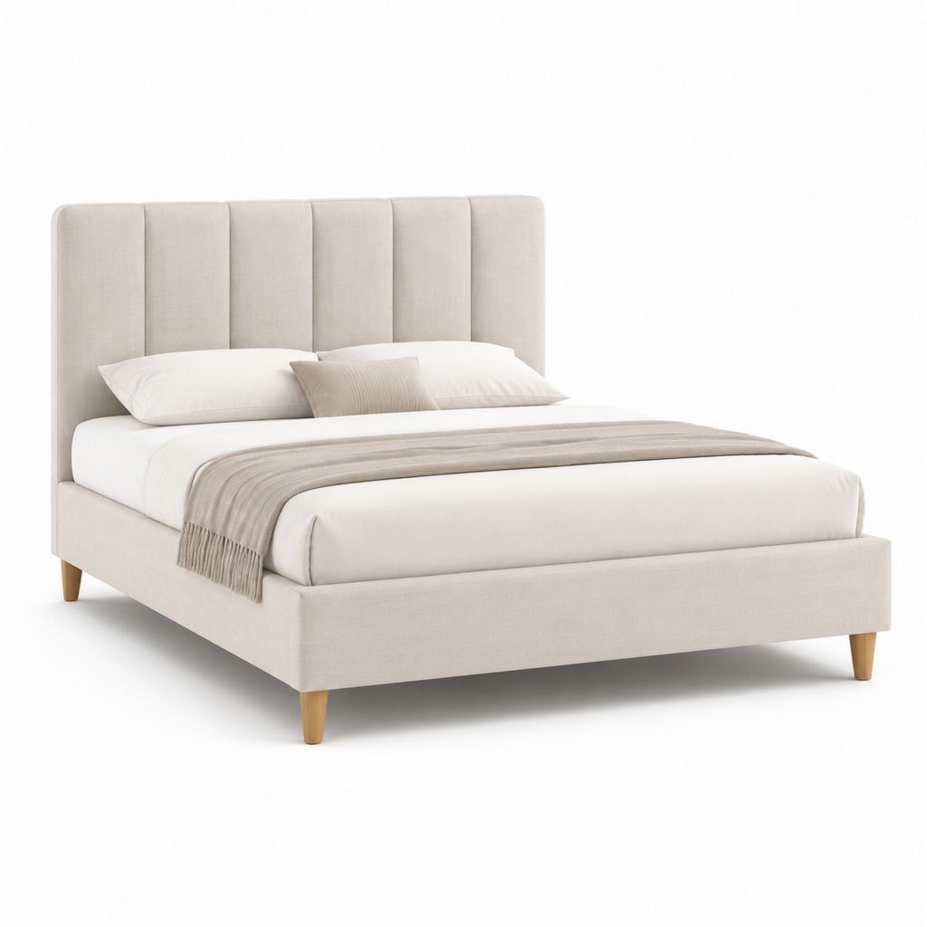 Letto matrimoniale imbottito beige in poliestere con testiera verticale 160 x 200 cm