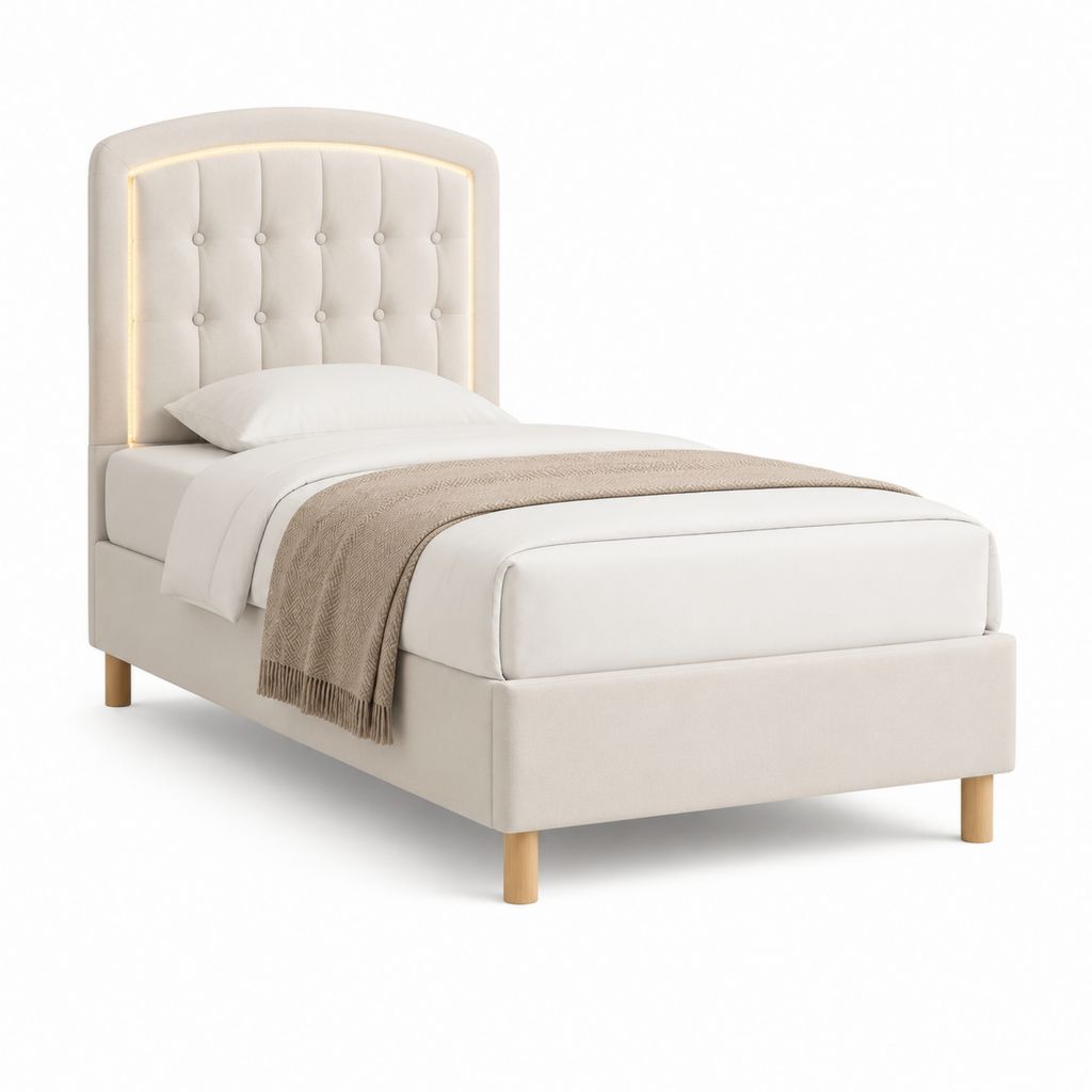 Letto singolo imbottito beige in poliestere con testiera capitonné LED per materasso 90 x 190 cm