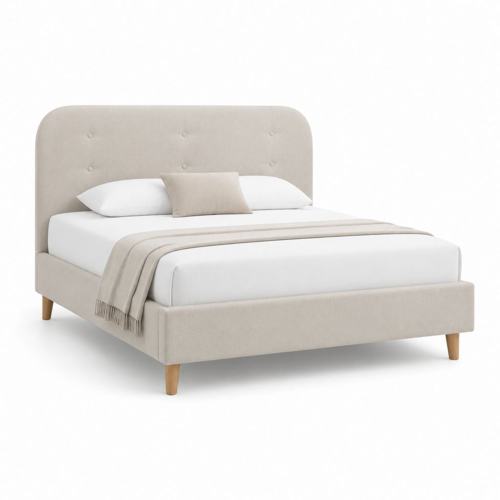 Letto matrimoniale imbottito beige in poliestere con testiera capitonné 172 x 215 x 110 cm
