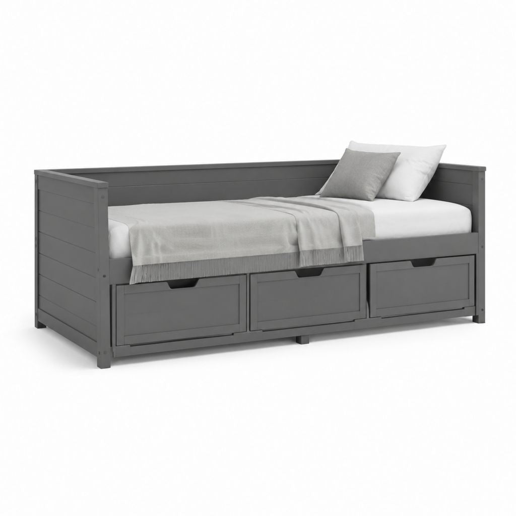Letto singolo con 3 cassetti grigio scuro in pino massello 90 x 200 cm
