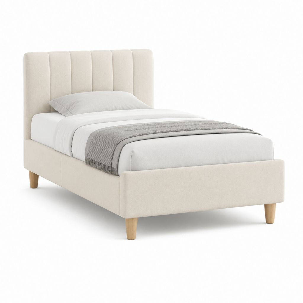 Letto singolo imbottito beige in poliestere con rete a doghe 90 x 200 cm