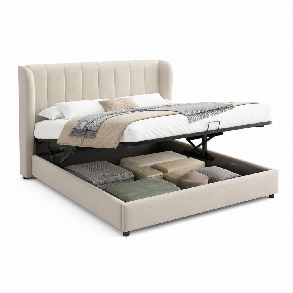 Letto contenitore matrimoniale beige in poliestere imbottito rettangolare 160 x 200 cm