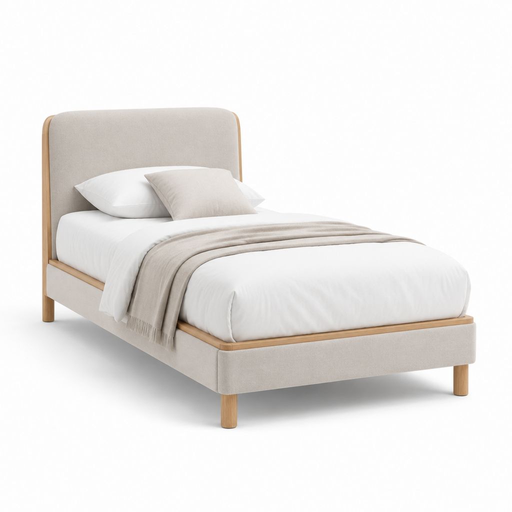 Letto singolo imbottito beige in poliestere e legno massello 90 x 200 cm