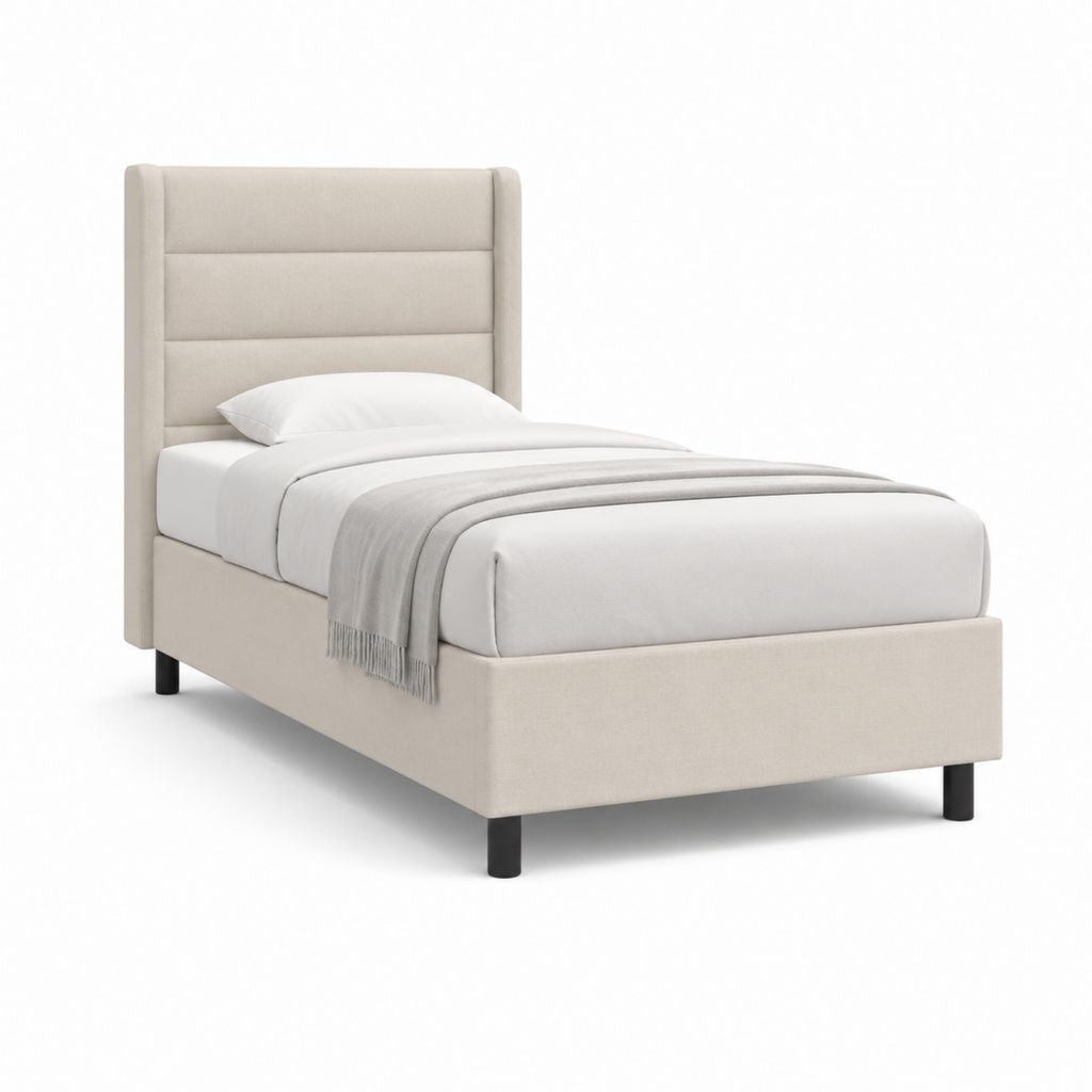 Letto singolo imbottito beige in poliestere 90 x 200 cm con testiera alta