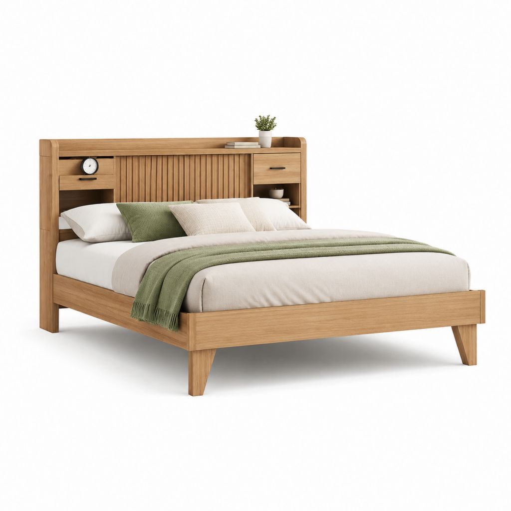 Letto matrimoniale con testiera contenitore rovere naturale MDF impiallacciato 180 x 215 x 120 cm