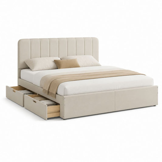 Letto matrimoniale contenitore rettangolare crema in poliestere 160 x 200 cm con 2 cassetti