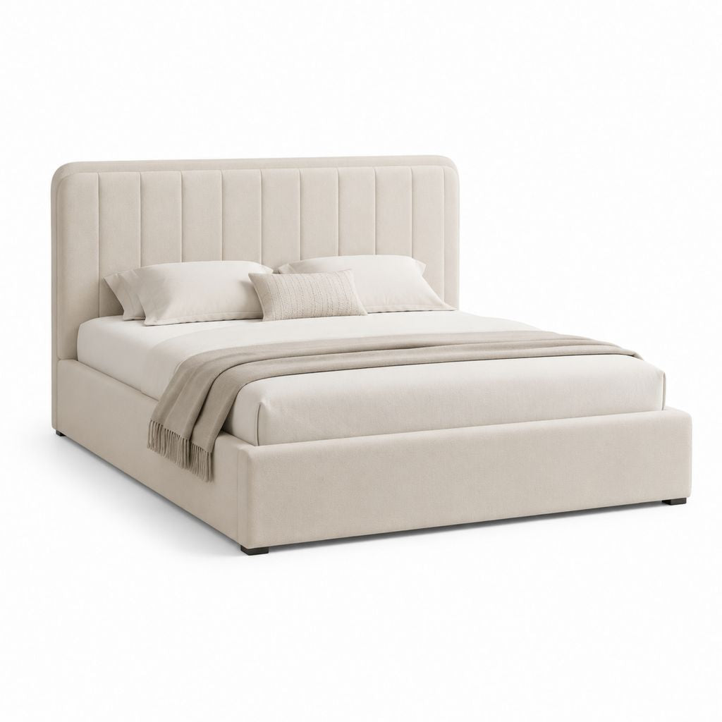 Letto matrimoniale imbottito beige in poliestere con testiera alta 160 x 200 cm