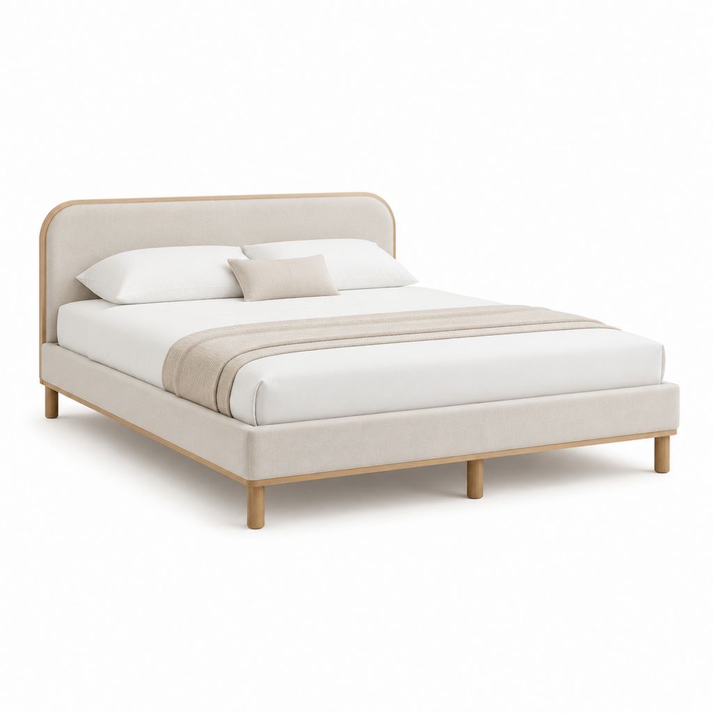Letto matrimoniale imbottito beige in poliestere con struttura in legno 160 x 200 cm