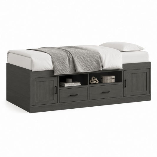 Letto singolo con contenitore grigio scuro in pannelli truciolari 90 x 190 cm