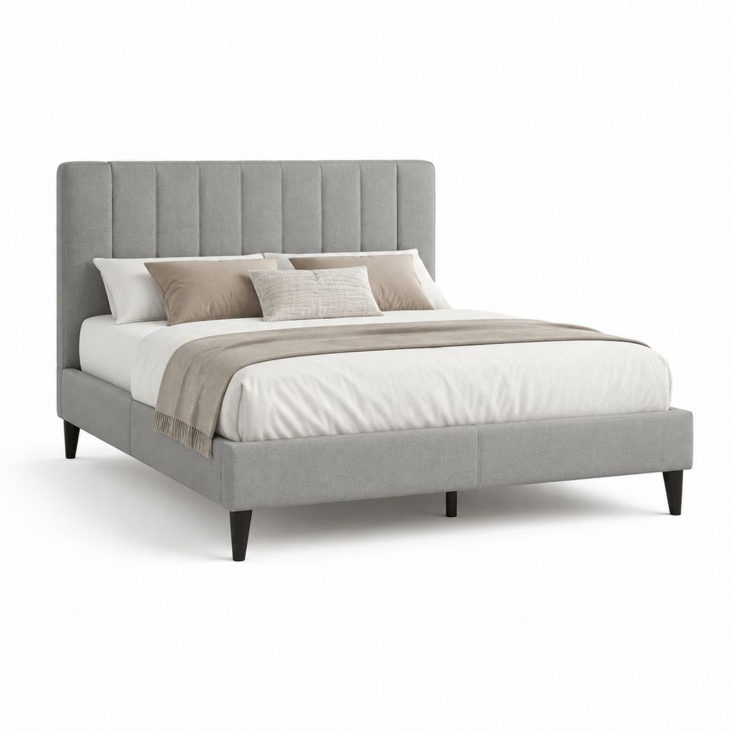 Letto matrimoniale imbottito grigio in poliestere con testiera alta 160 x 200 cm