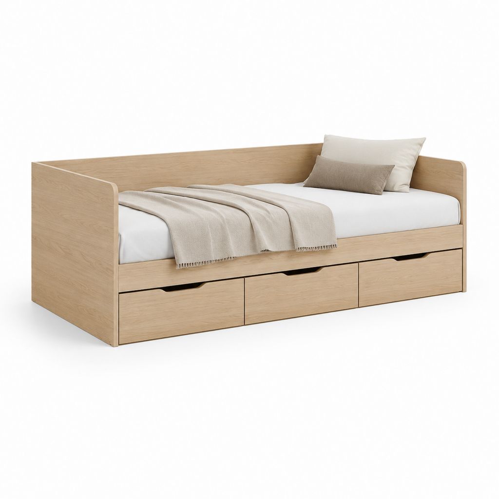 Letto singolo con 3 cassetti rovere chiaro in pannelli di particelle rettangolare 90 x 200 cm 205 x 98 x 75 cm