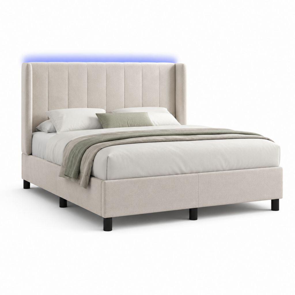 Letto matrimoniale imbottito beige in poliestere con testiera alta per materasso 160 x 200 cm
