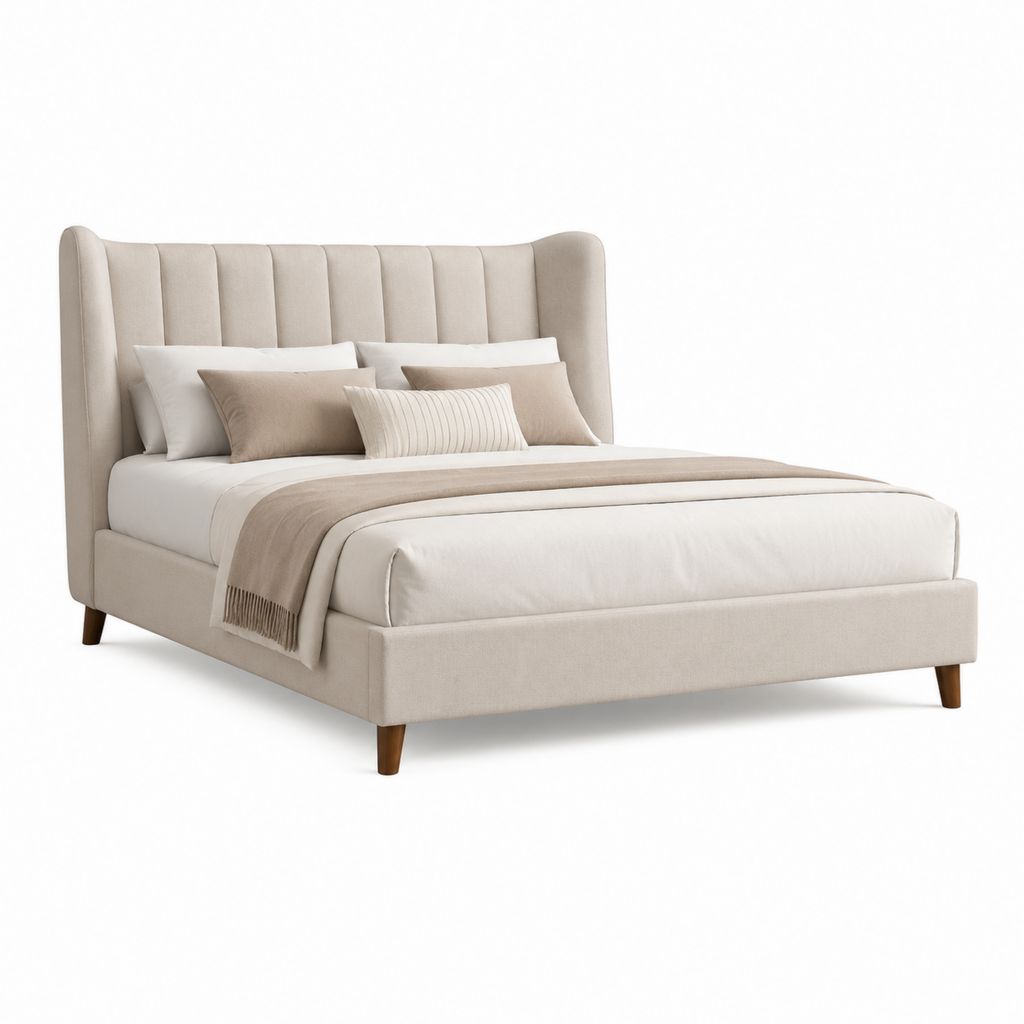 Letto matrimoniale imbottito beige in poliestere con testiera alta 160 x 200 cm