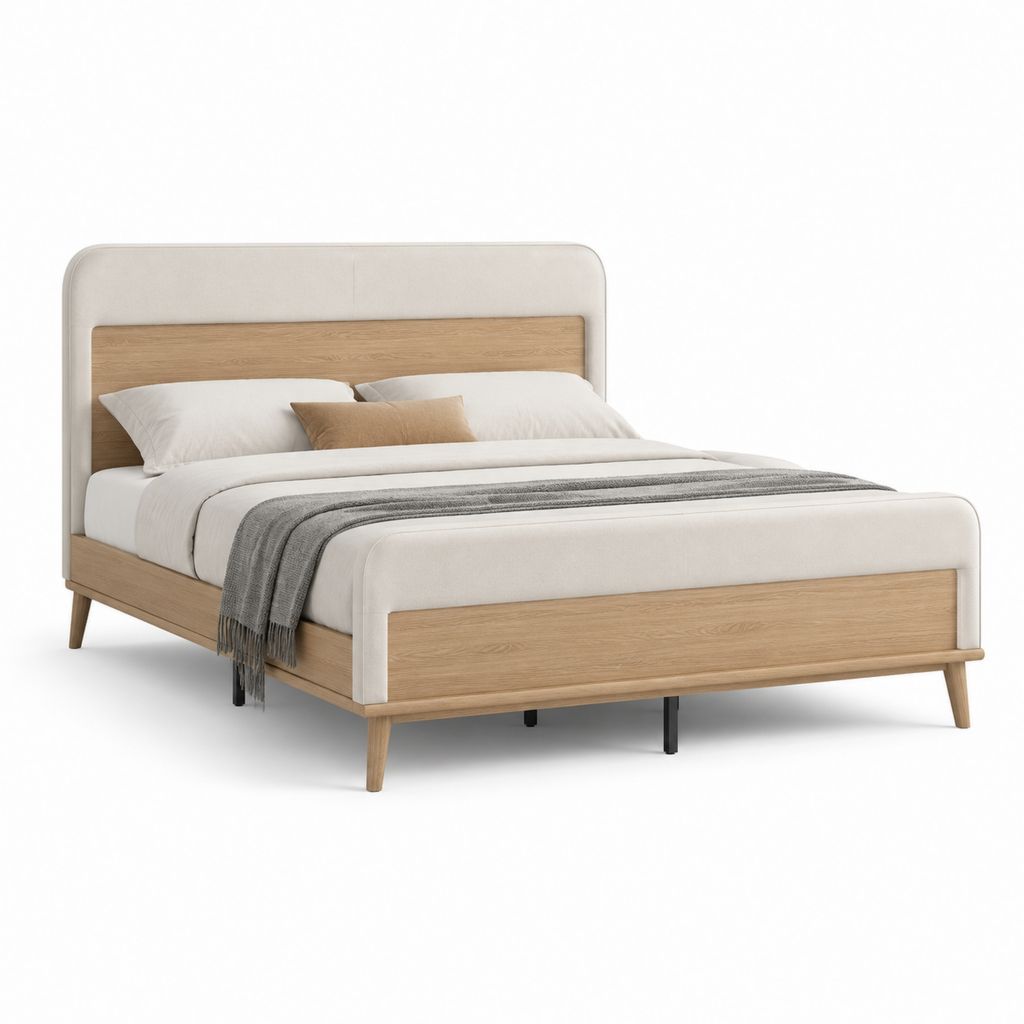 Letto matrimoniale 160 x 200 cm beige e rovere con testiera imbottita rettangolare