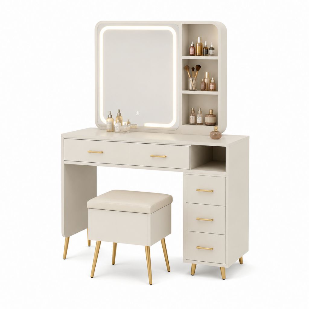 Toeletta con specchio LED e sgabello bianco in MDF 120 x 40 x 140 cm