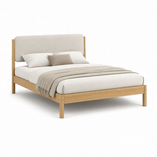 Letto matrimoniale con struttura in rovere massello e testiera imbottita beige 160 x 200 cm