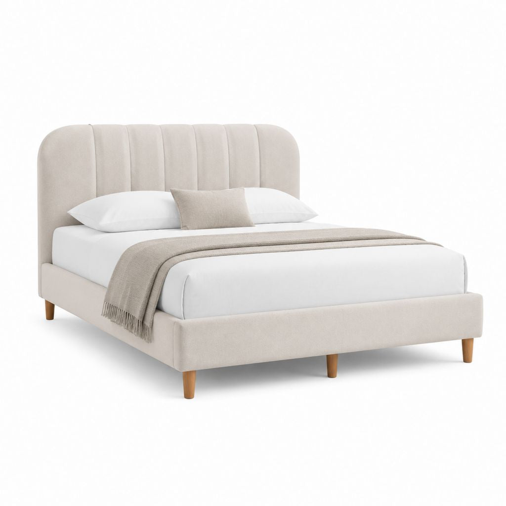 Letto matrimoniale imbottito beige in poliestere con testiera curva 160 x 200 cm