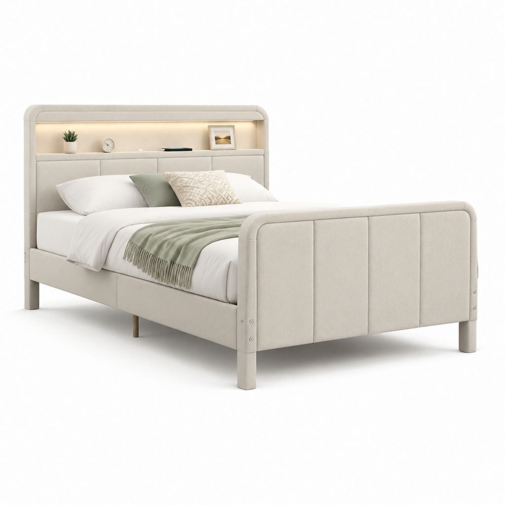 Letto matrimoniale con mensola e LED beige in poliestere 160 x 200 cm