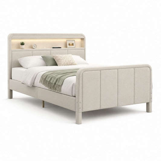 Letto matrimoniale con mensola e LED beige in poliestere 160 x 200 cm