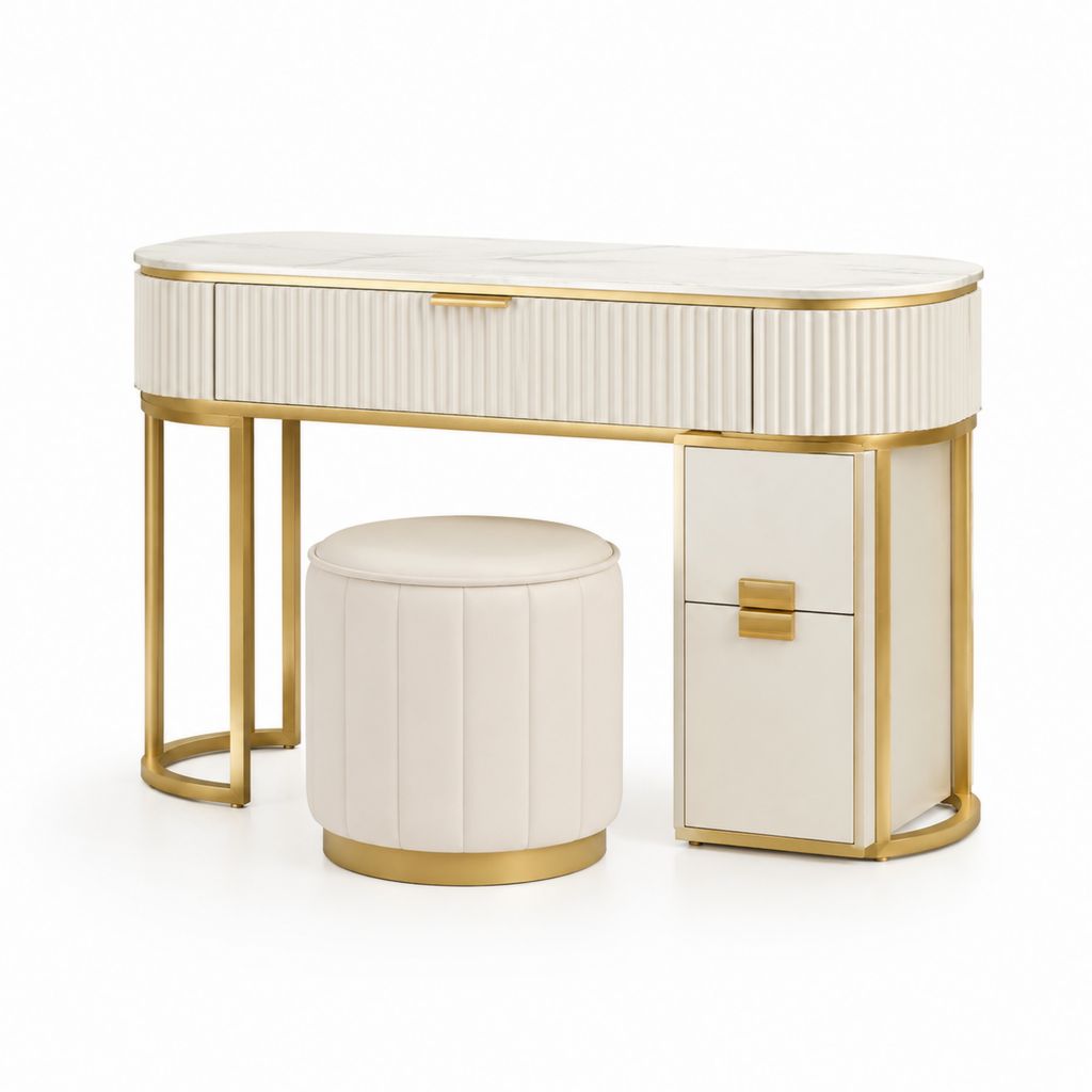 Toeletta con Sgabello Set Bianco e Oro in MDF Acciaio Inox e Pelle PU 120 x 45 x 78 cm