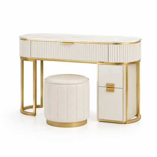 Toeletta con Sgabello Set Bianco e Oro in MDF Acciaio Inox e Pelle PU 120 x 45 x 78 cm