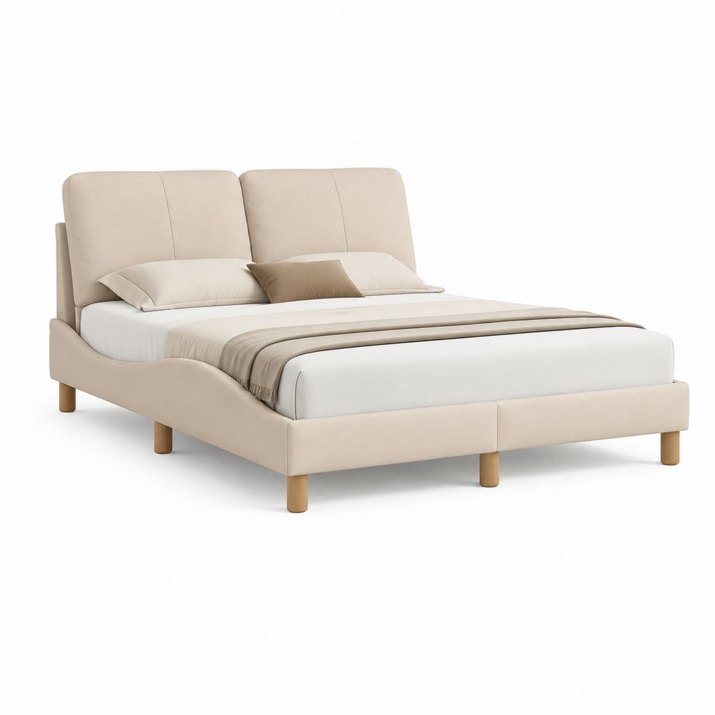 Letto matrimoniale imbottito beige in poliestere con testiera rettangolare 160 x 200 cm
