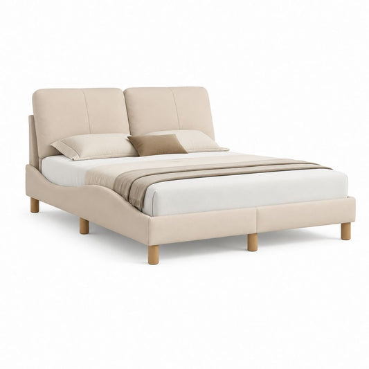 Letto matrimoniale imbottito beige in poliestere con testiera rettangolare 160 x 200 cm