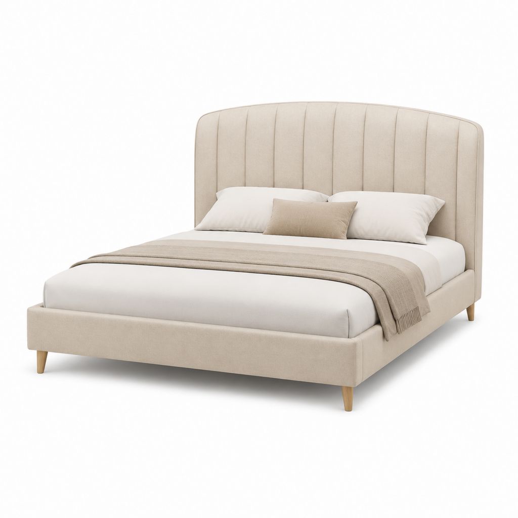 Letto matrimoniale imbottito beige in poliestere 160 x 200 cm con testiera arcuata
