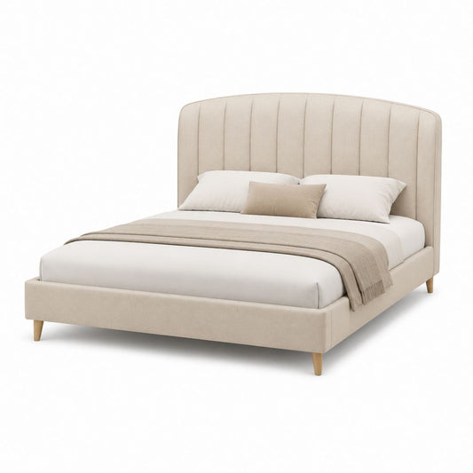Letto matrimoniale imbottito beige in poliestere 160 x 200 cm con testiera arcuata