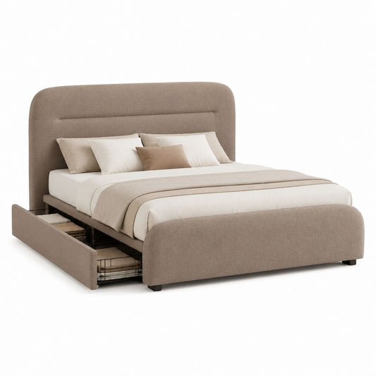 Letto matrimoniale imbottito beige in poliestere con contenitore laterale per materasso 160 x 200 cm
