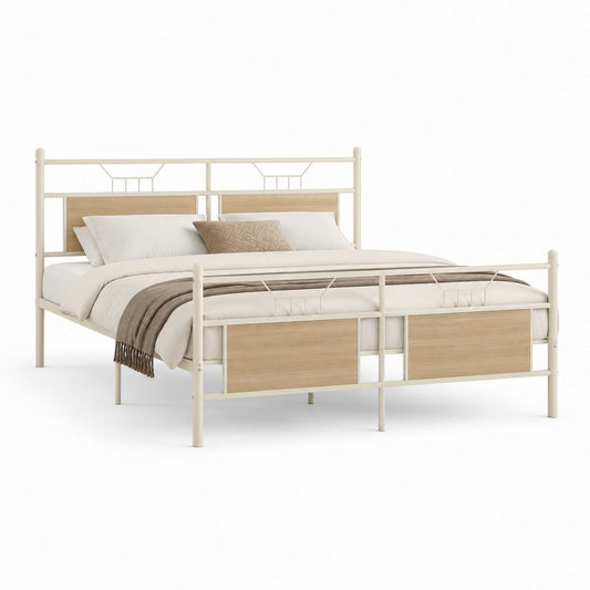 Letto matrimoniale 160 x 200 cm avorio in acciaio con pannelli MDF rovere chiaro