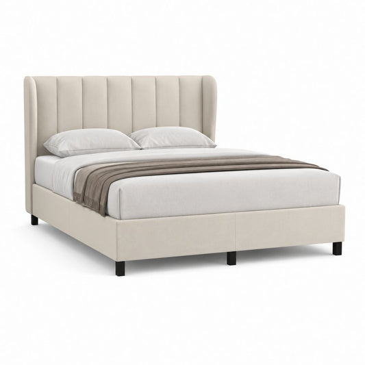 Letto matrimoniale imbottito beige in poliestere con testiera verticale 160 x 200 cm