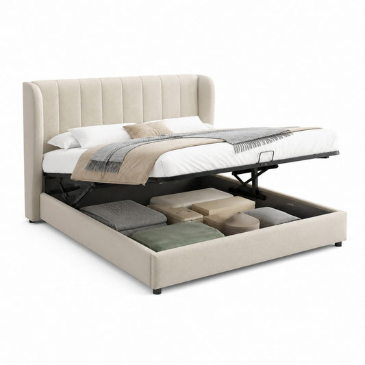 Letto contenitore matrimoniale beige in poliestere imbottito rettangolare 160 x 200 cm