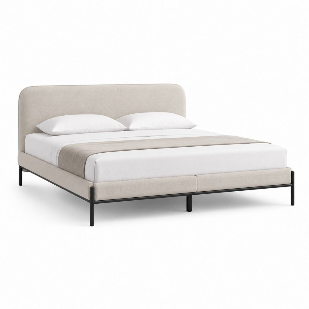 Letto matrimoniale con struttura imbottita beige e acciaio nero 160 x 200 cm