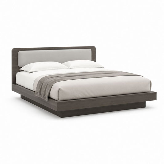 Letto matrimoniale con struttura in MDF noce scuro e testiera imbottita grigia 160 x 200 cm