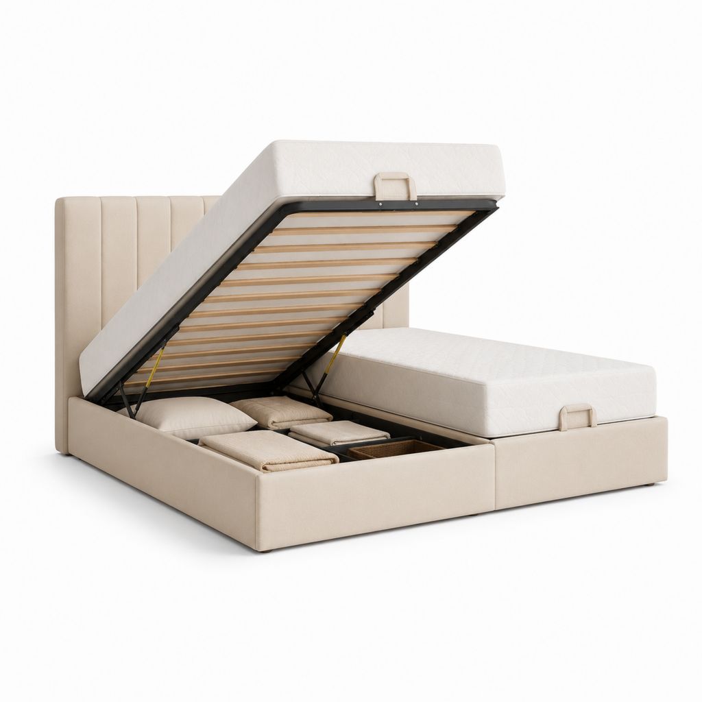 Letto matrimoniale contenitore beige in poliestere rettangolare 160 x 200 cm
