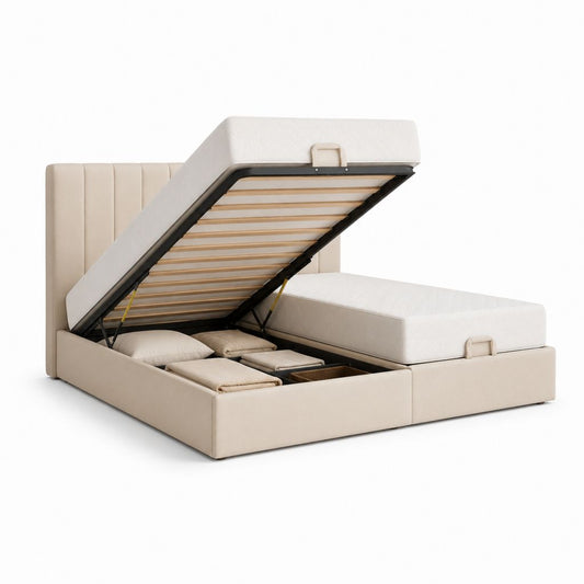 Letto matrimoniale contenitore beige in poliestere rettangolare 160 x 200 cm